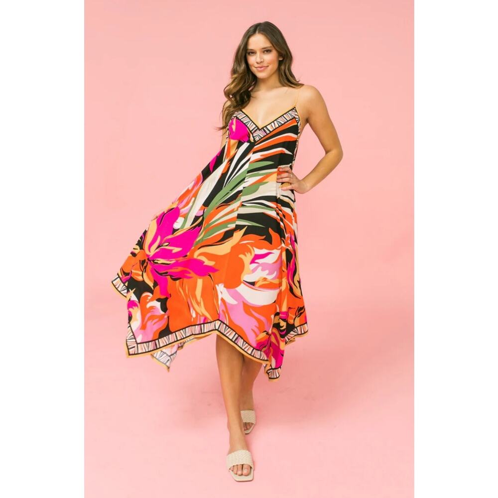 Flying Tomato Simple Melody Floral Hanky Hem Midi Dress Boho Sz L